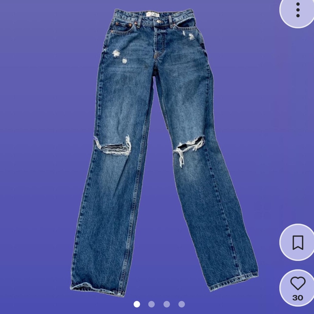 Free People Medium Wash Blue Distressed Highwaisted Straight Leg Baggy Jeans